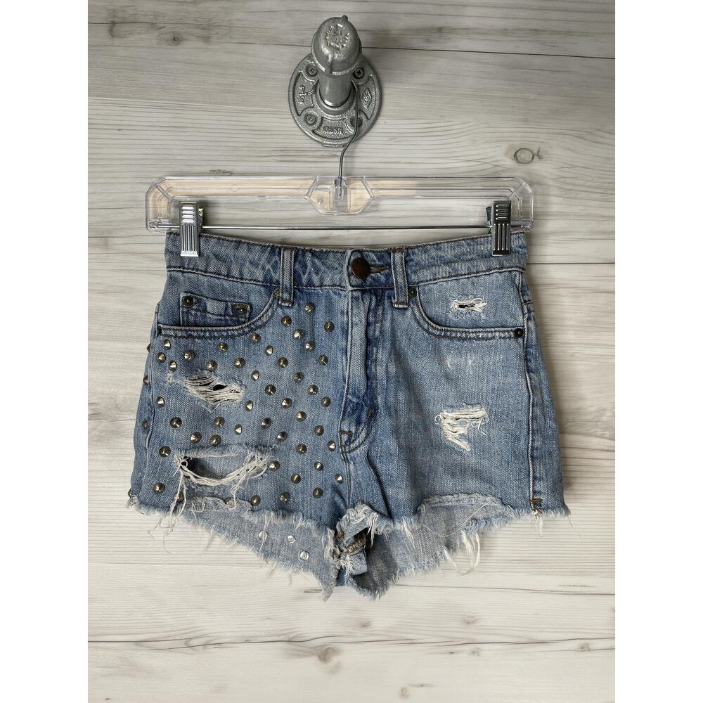 BDG High Rise Cheeky Denim Shorts Womens 25‎ Blue Studded Distressed Cutoff